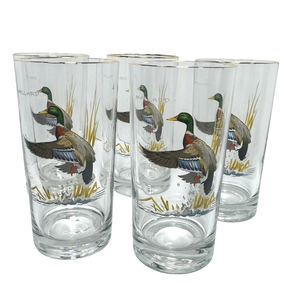 Ned Smith Vintage Mallard Duck Highball Glasses Gold Rim Wildlife Art Set of 5